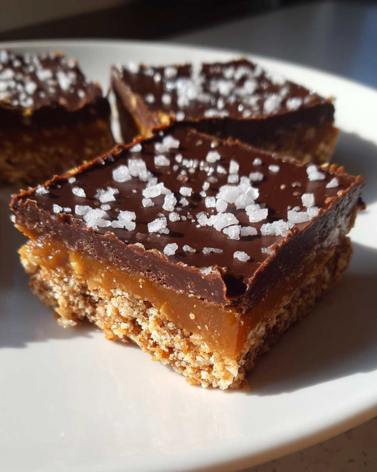 A square piece of No-Bake Salted Caramel Pretzel Bars showing the three layers and flaky sea salt topping.