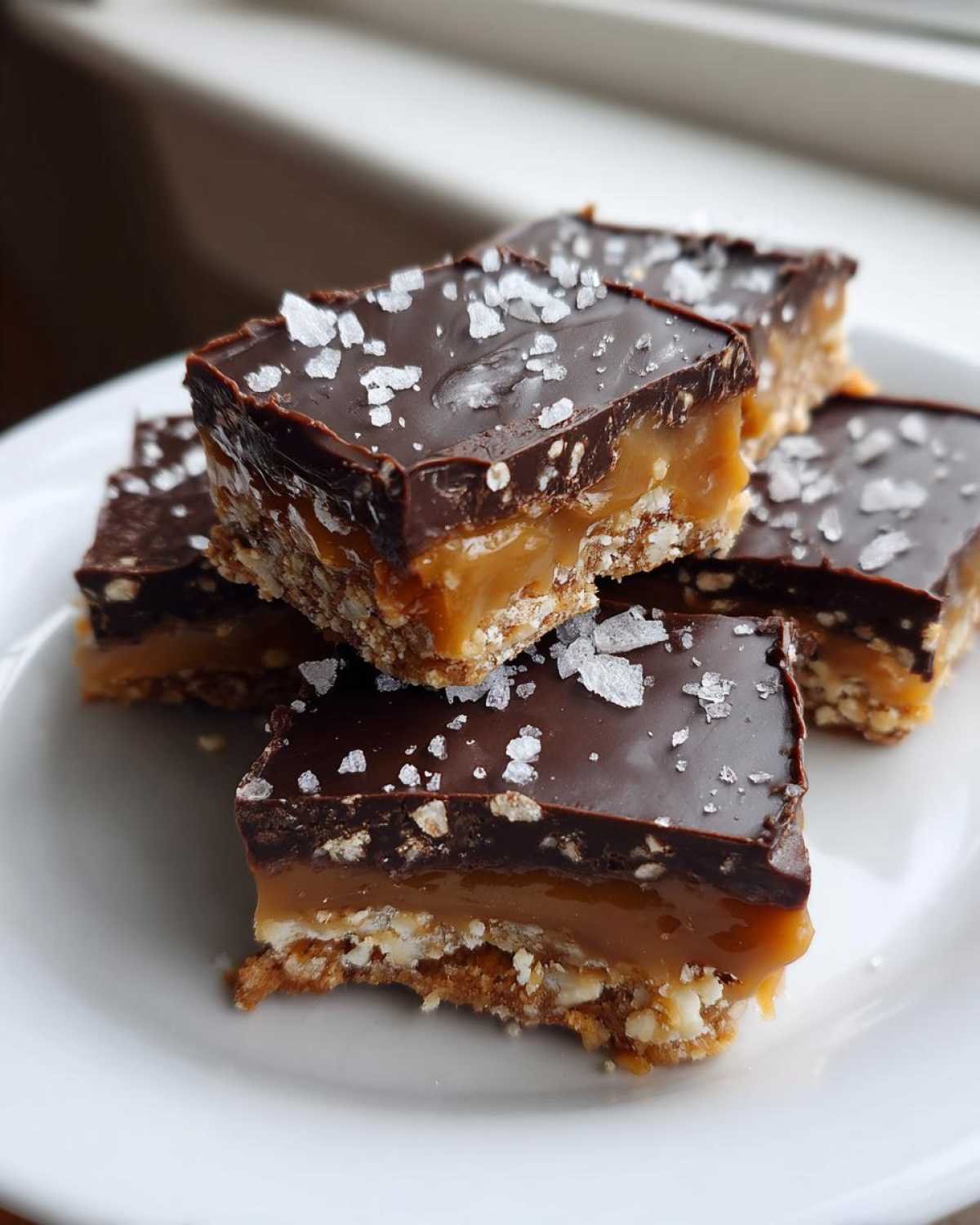 Close-up of stacked No-Bake Salted Caramel Pretzel Bars topped with dark chocolate and flaky sea salt.