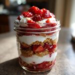 A layered No-Bake Strawberry Shortcake Trifle Jar featuring cream, graham cracker crumbs, and fresh strawberries.