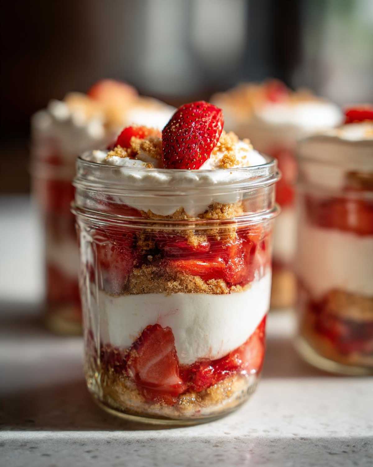 Close-up of a layered No-Bake Strawberry Shortcake Trifle Jar with cream, strawberries, and graham cracker crumbs.
