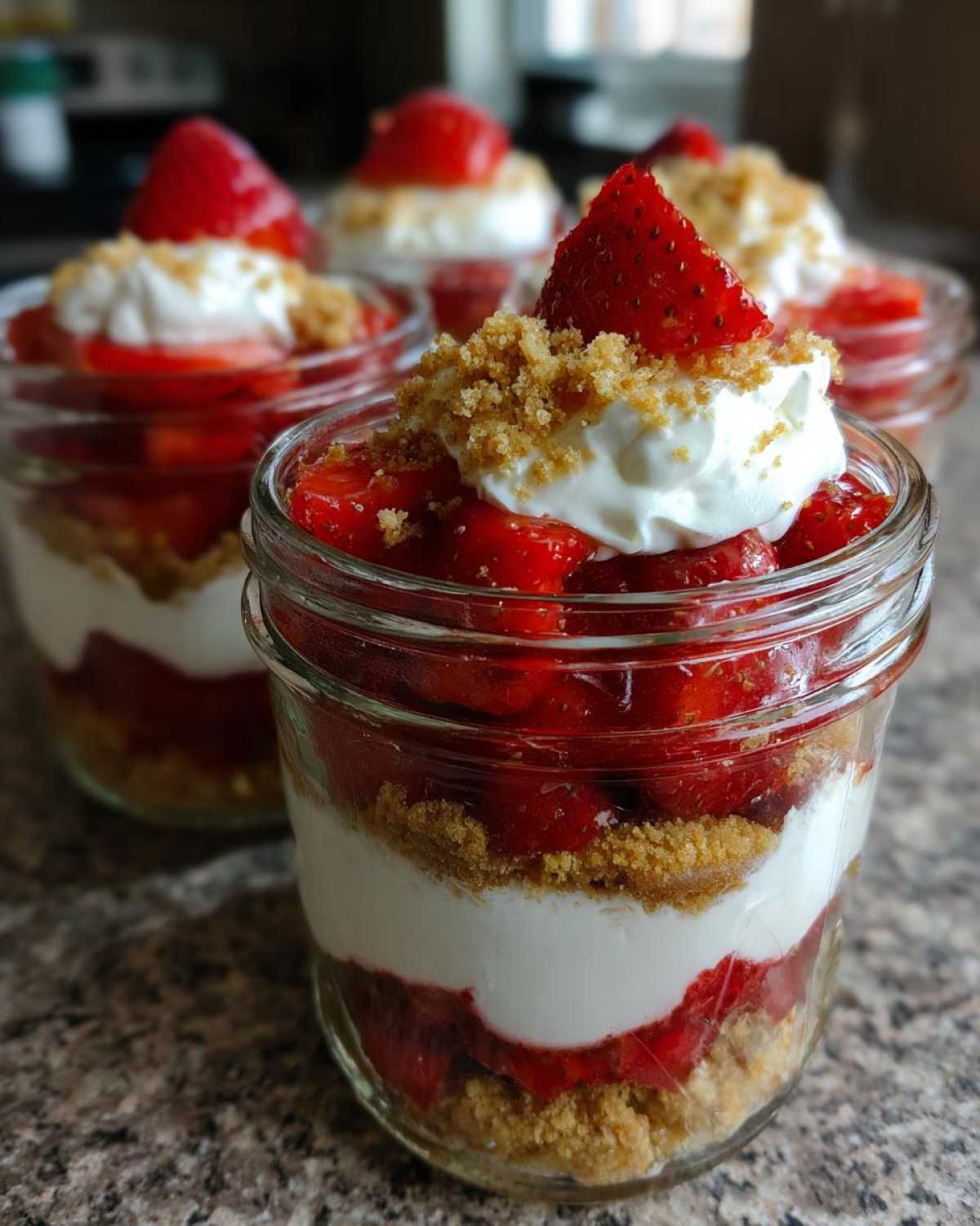Close-up of a layered No-Bake Strawberry Shortcake Trifle Jar with whipped cream and a strawberry.
