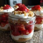 Four individual No-Bake Strawberry Shortcake Trifle Jars layered with graham crackers, cream, and fresh strawberries.