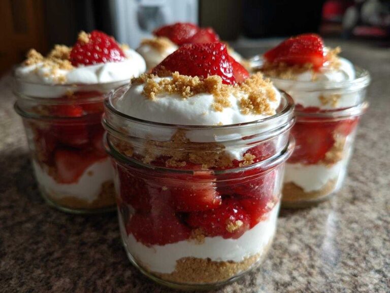 Four individual No-Bake Strawberry Shortcake Trifle Jars layered with graham crackers, cream, and fresh strawberries.