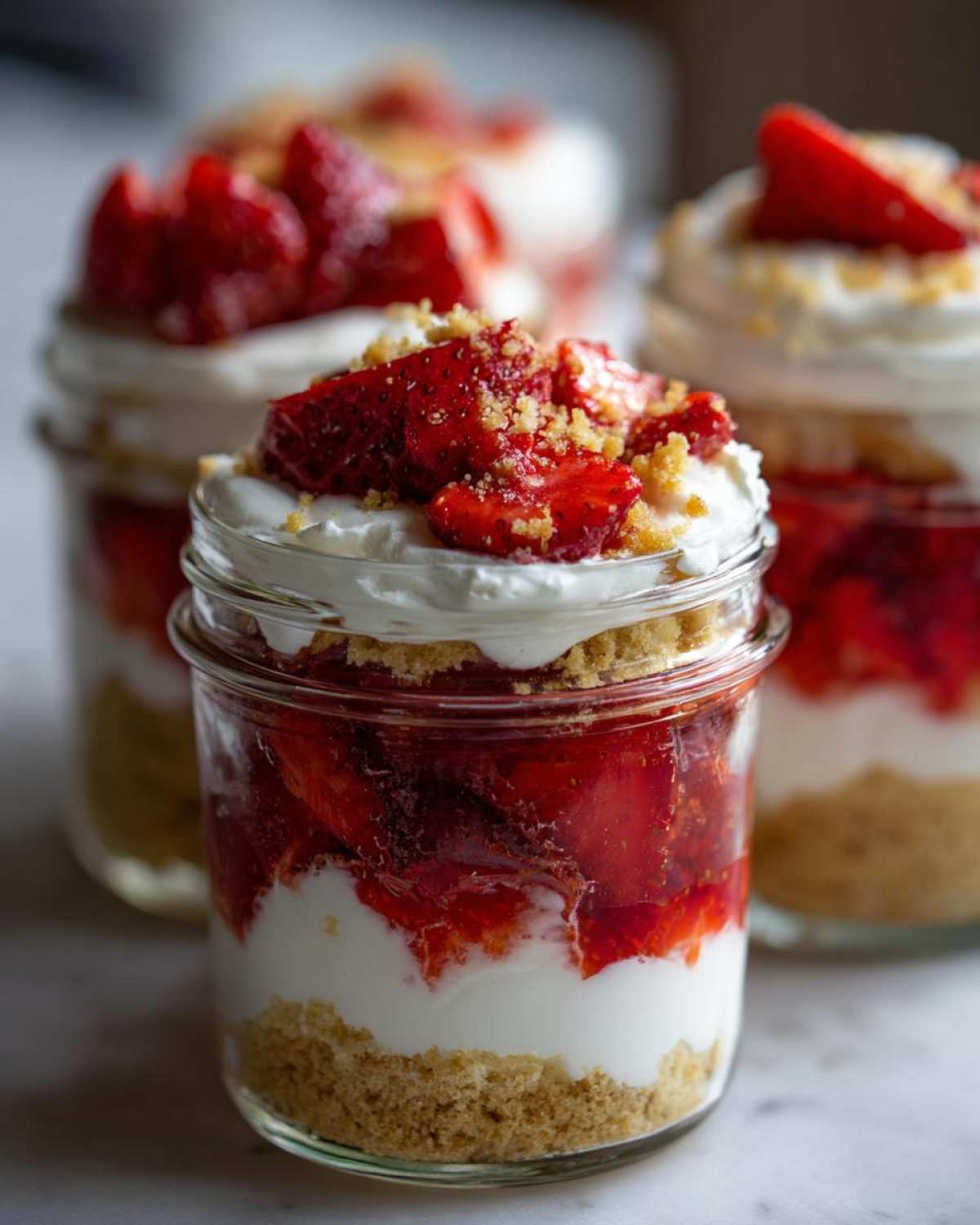 Close-up of a layered No-Bake Strawberry Shortcake Trifle Jar with graham cracker crust, cream, and fresh strawberries.