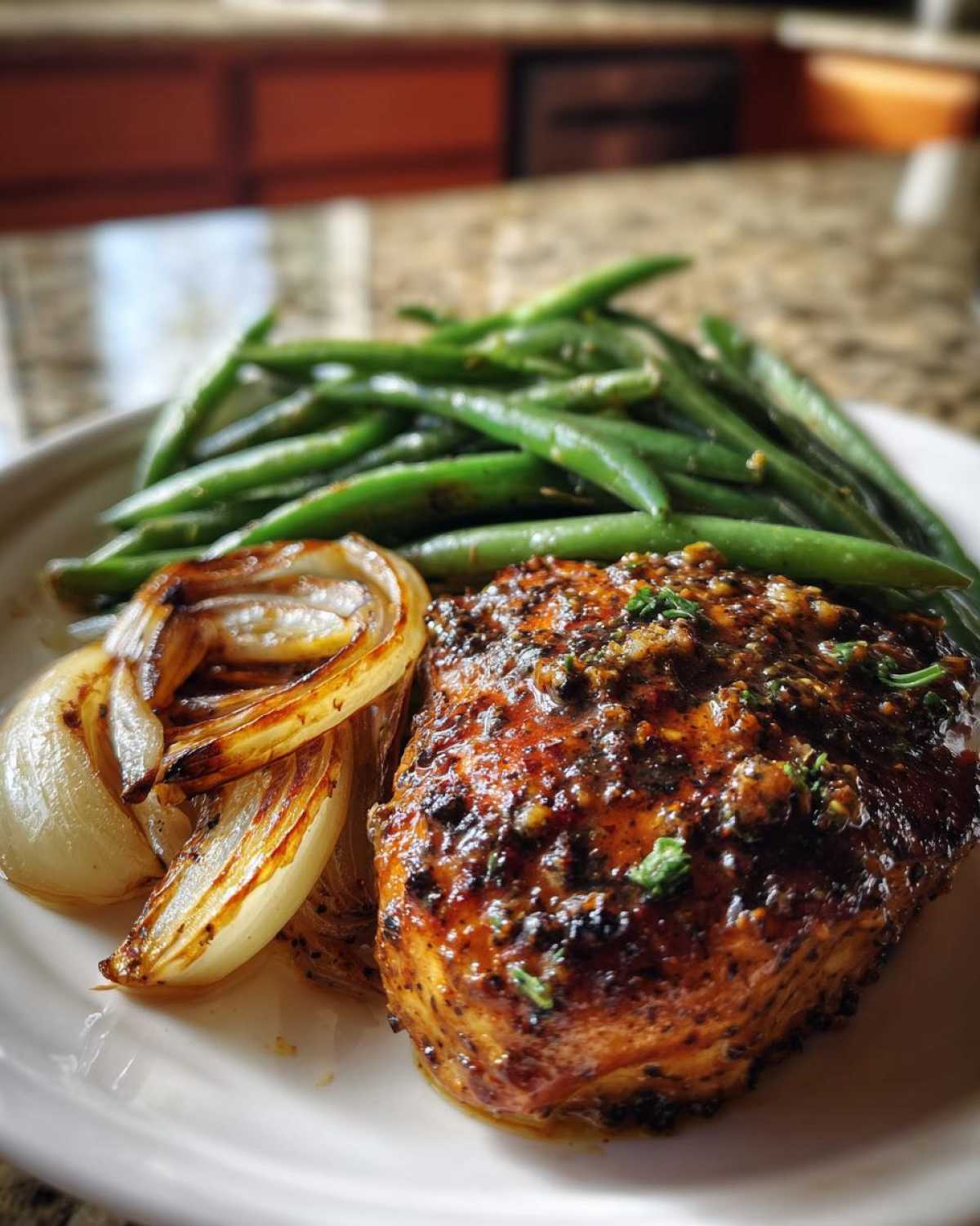 A close-up of a perfectly cooked One-Pan Dijon Chicken with Green Beans and Shallots on a white plate.