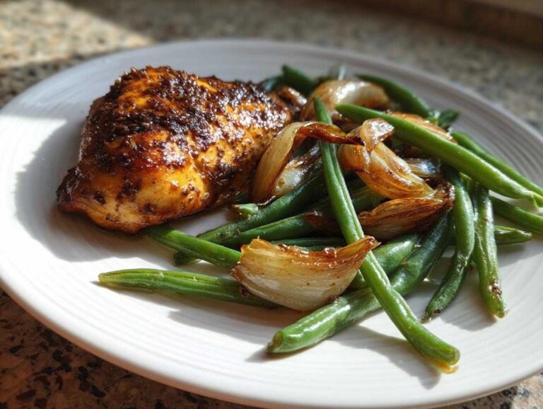 A plated serving of One-Pan Dijon Chicken with green beans and caramelized shallots, glistening under natural light.