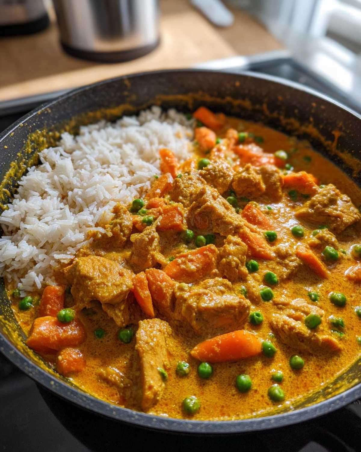 Close-up of One-Pot Coconut Curry Chicken and Rice with carrots and peas served directly in the cooking skillet.
