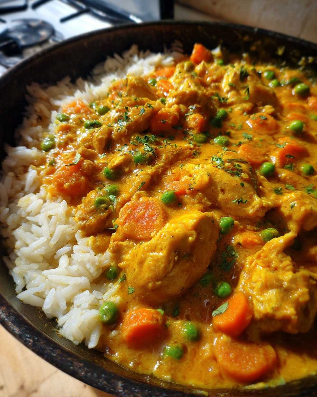 Close-up of rich, yellow One-Pot Coconut Curry Chicken and Rice with carrots and peas served in a dark bowl.