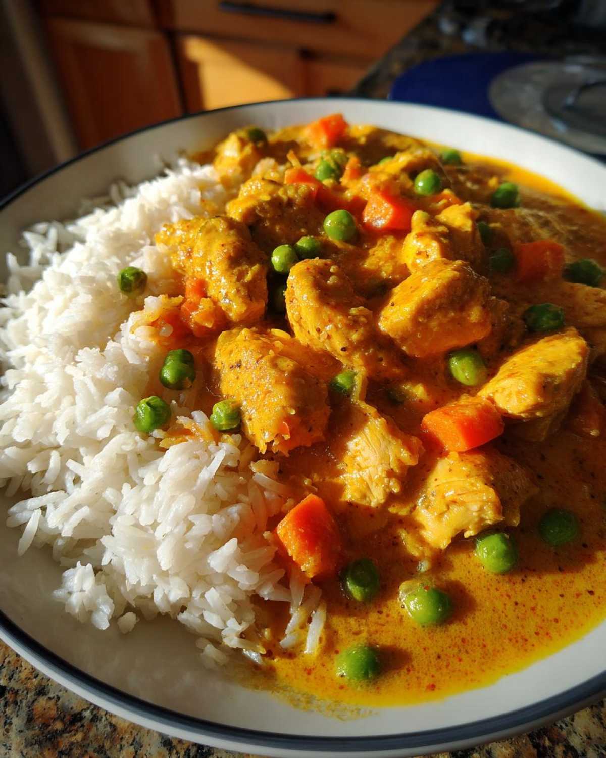 Close-up of a bowl featuring One-Pot Coconut Curry Chicken and Rice, showing yellow curry sauce, chicken pieces, peas, and carrots next to white rice.