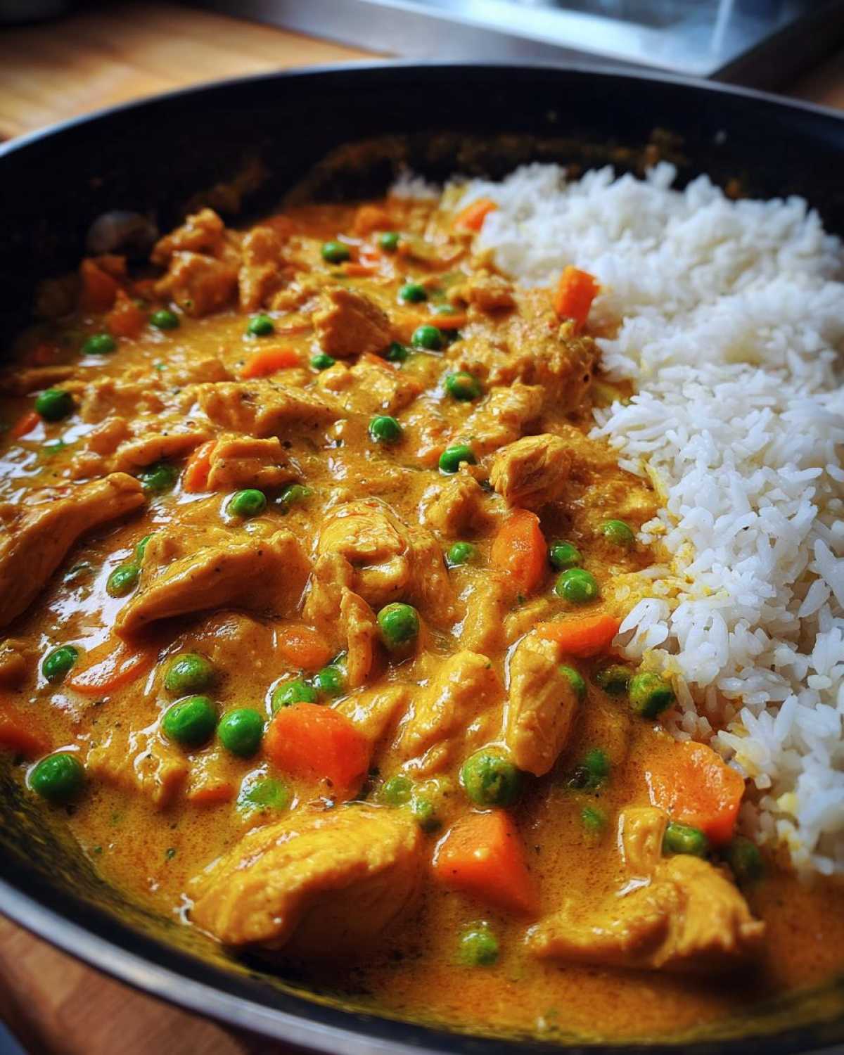 Close-up of One-Pot Coconut Curry Chicken and Rice, featuring creamy yellow curry with chicken pieces, peas, and carrots next to white rice.