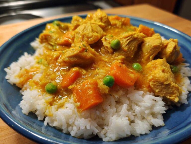 A close-up of a blue bowl filled with fluffy white rice topped with rich, yellow One-Pot Coconut Curry Chicken and Rice, featuring carrots and peas.
