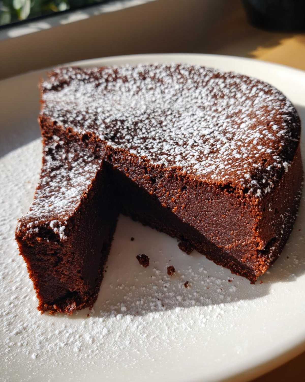 A slice cut from a rich, dark flourless chocolate torte dusted heavily with powdered sugar.