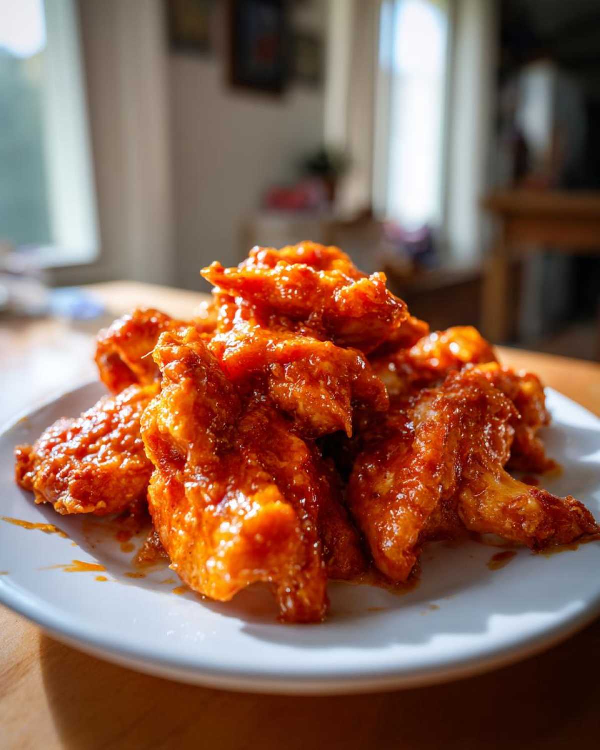 Close-up of a pile of glossy, saucy buffalo chicken wings served on a white plate indoors.