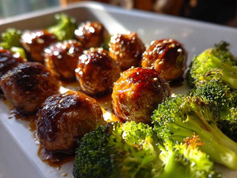 Sheet Pan Ginger Sesame Chicken Meatballs 4 sure Close-up of glazed Sheet Pan Ginger Sesame Chicken Meatballs served with bright green roasted broccoli florets.