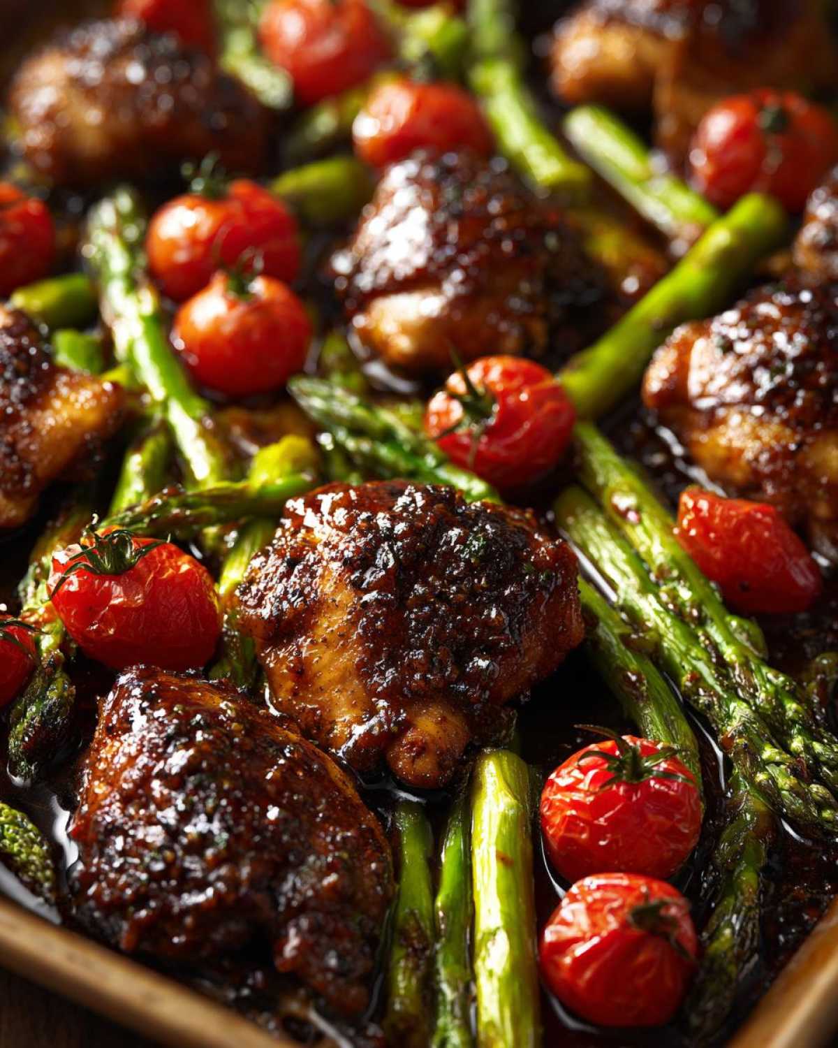 Close-up of juicy Sheet Pan Honey Balsamic Chicken with roasted asparagus and cherry tomatoes.