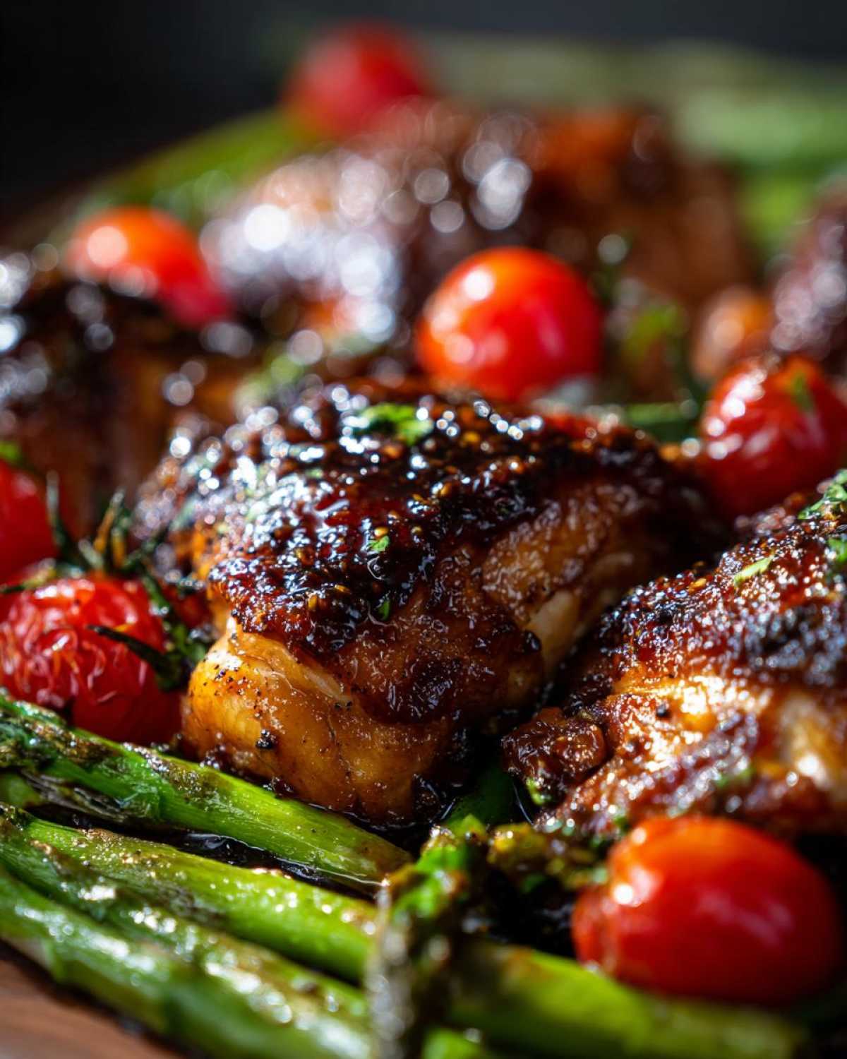Close-up of Sheet Pan Honey Balsamic Chicken thighs coated in a dark glaze, served with roasted asparagus and cherry tomatoes.
