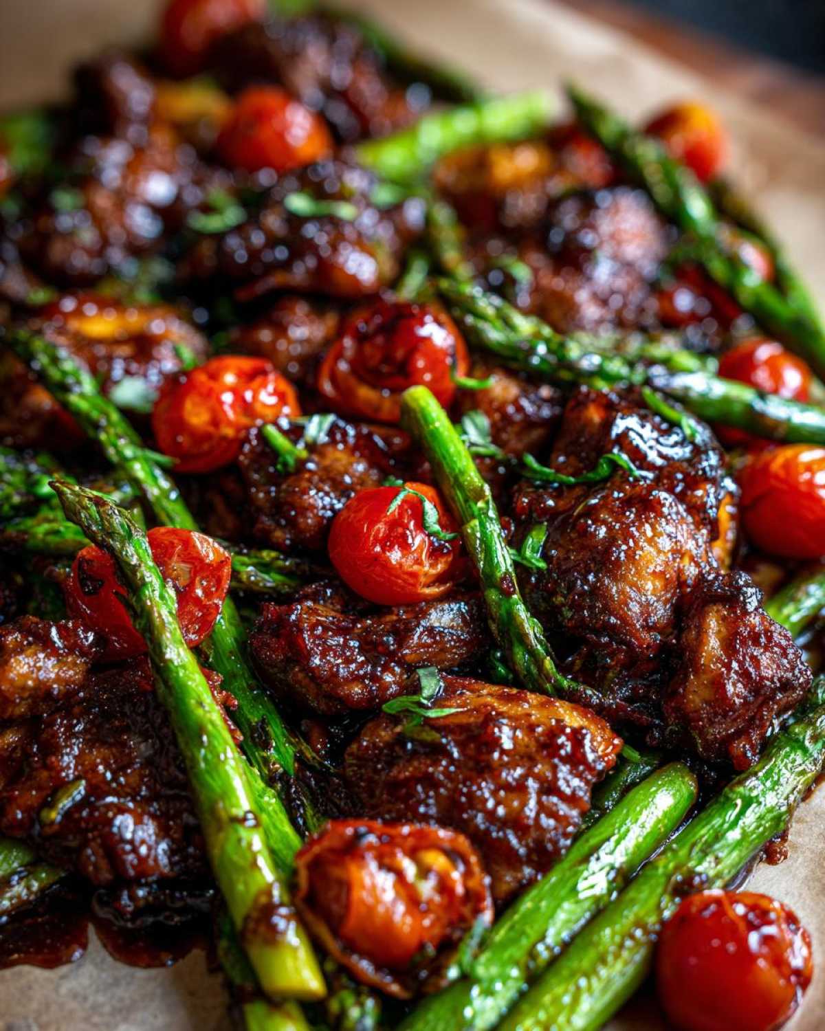 Close-up of glazed Sheet Pan Honey Balsamic Chicken with bright green asparagus spears and roasted cherry tomatoes.