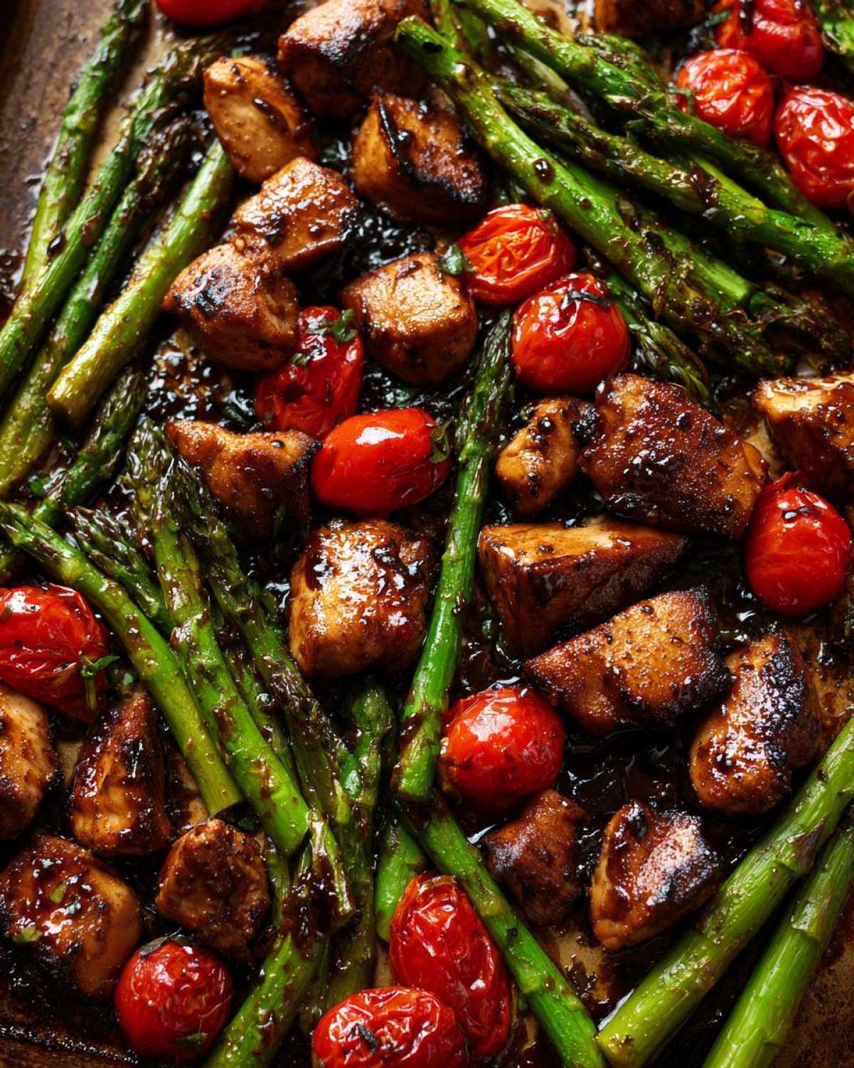 Close-up of Sheet Pan Honey Balsamic Chicken with Asparagus and roasted cherry tomatoes coated in glaze.