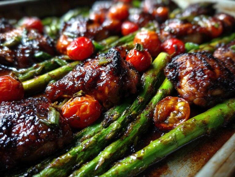 Close-up of Sheet Pan Honey Balsamic Chicken with Asparagus and roasted cherry tomatoes.