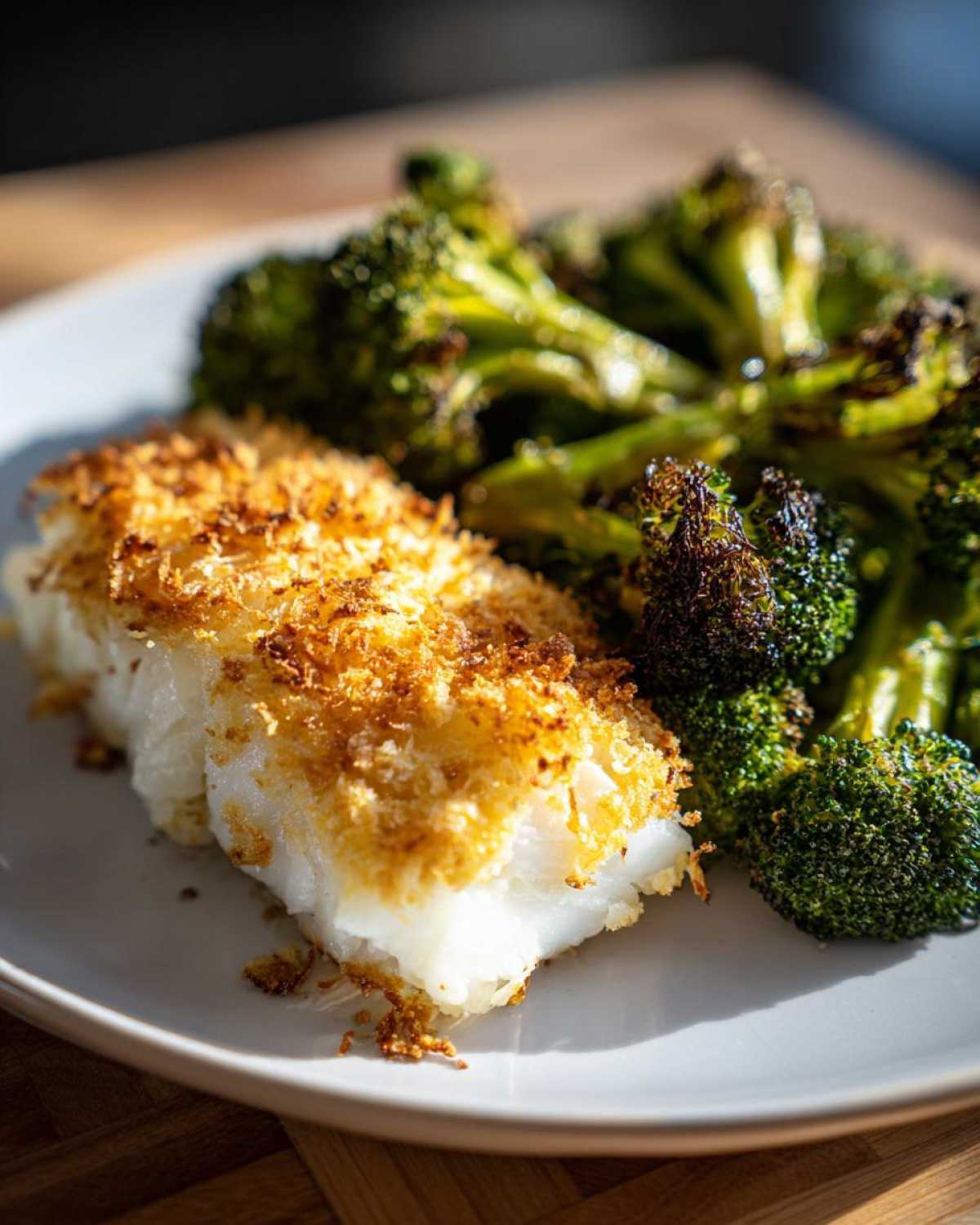 Close-up of a flaky white fish fillet with a golden Parmesan crust next to roasted broccoli.