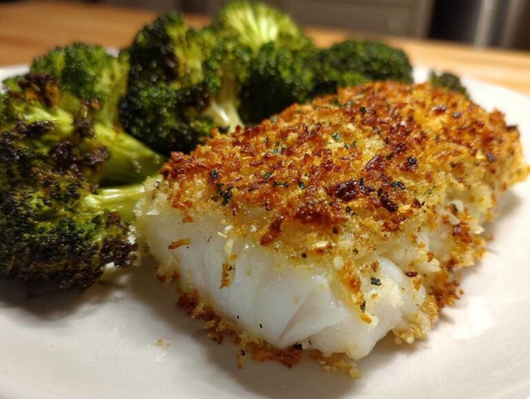 Close-up of a flaky white fish fillet with a golden Sheet Pan Parmesan Crusted Cod topping, served next to roasted broccoli.