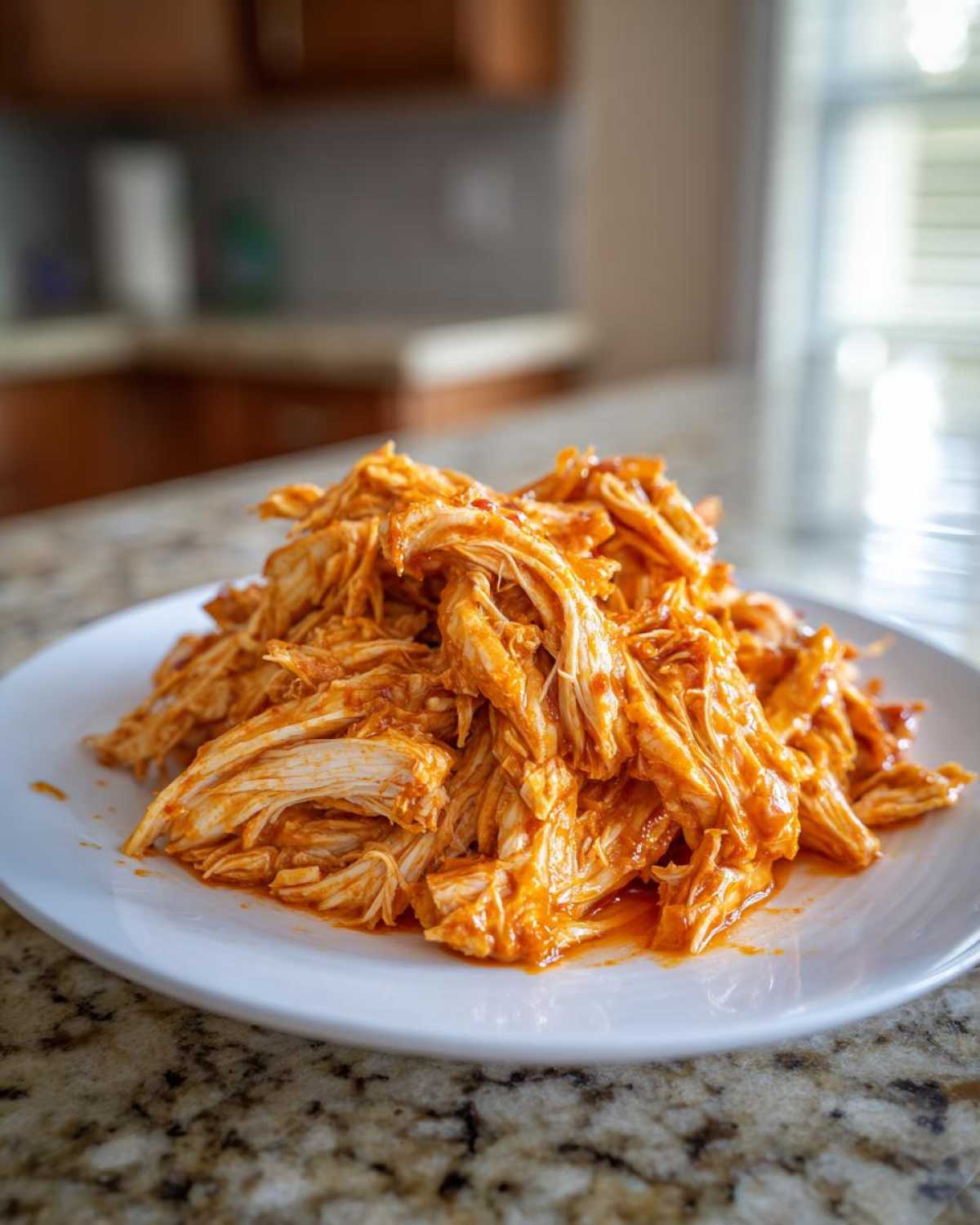 A mound of saucy, shredded buffalo chicken served on a white plate on a granite countertop.