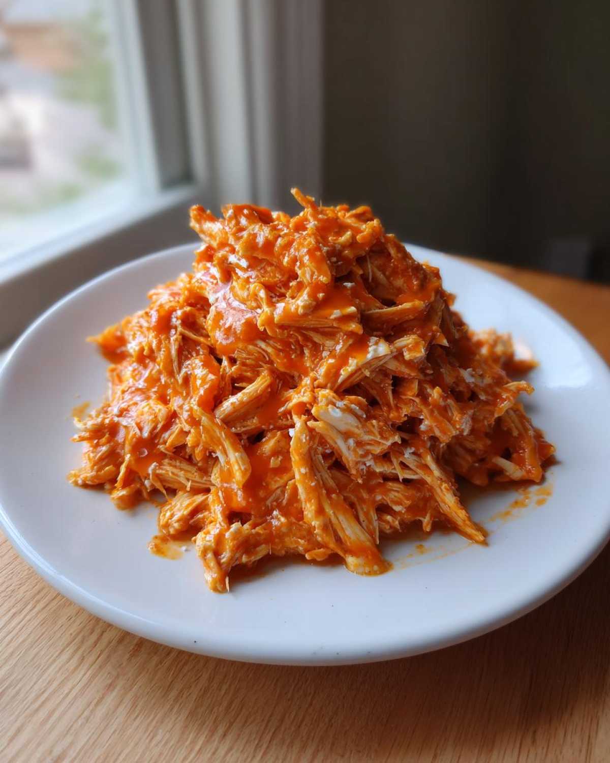 A mound of shredded buffalo chicken coated in bright orange sauce served on a white plate.