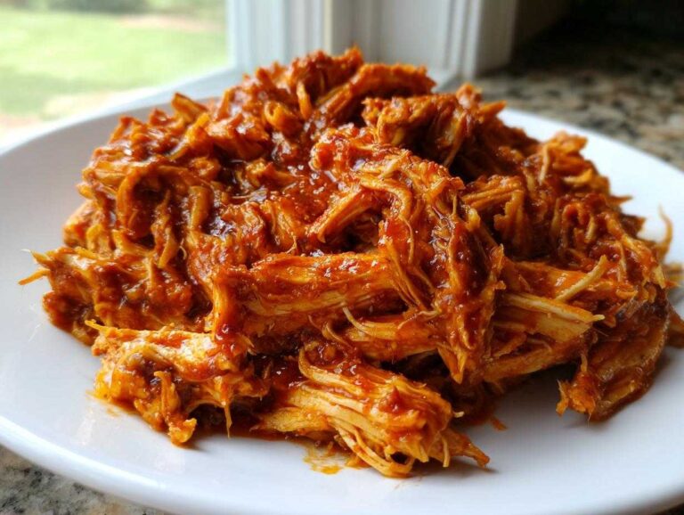 Close-up of saucy, shredded buffalo chicken piled high on a white plate.