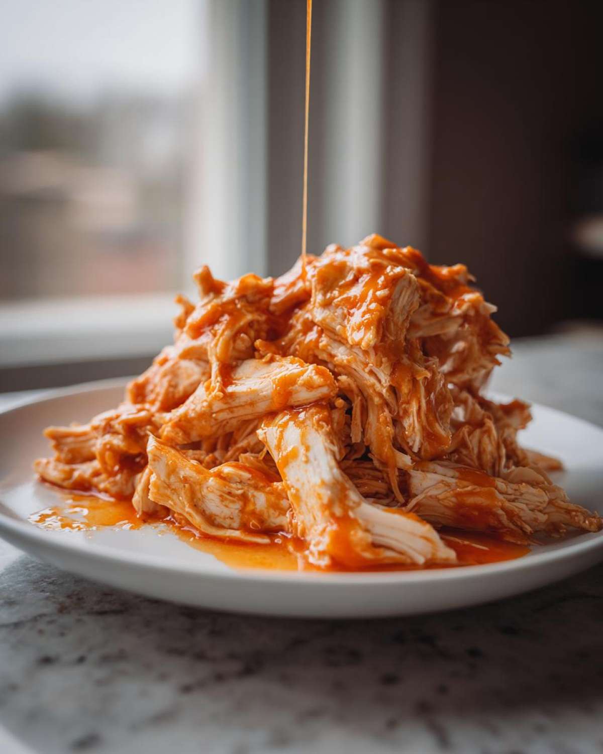 Shredded buffalo chicken piled high on a white plate, with orange sauce being drizzled over the top.