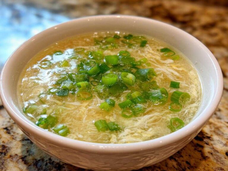Close-up of a bowl of silky egg drop soup garnished generously with fresh green onions.