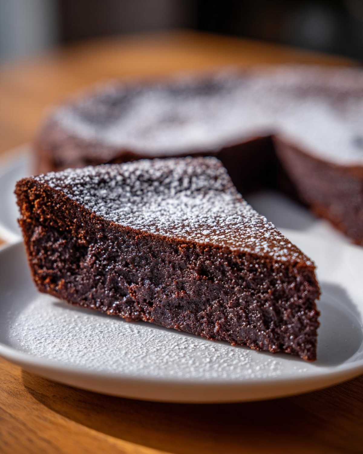 A close-up of a rich, dense slice of flourless chocolate torte dusted with powdered sugar on a white plate.
