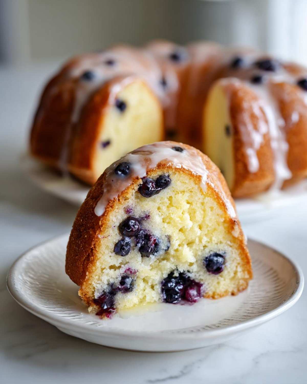 Close-up of a moist slice of Gluten-Free Lemon Blueberry Bundt Cake topped with lemon glaze and bursting with blueberries.