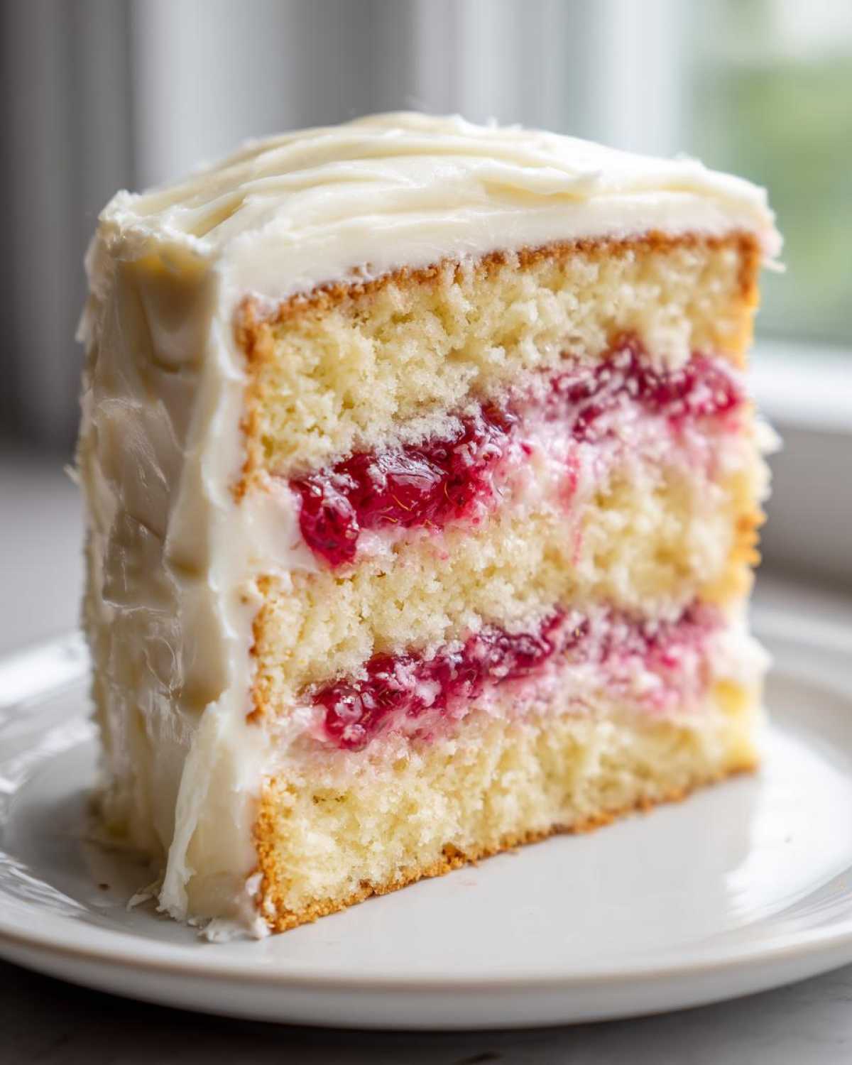 Close-up of a slice of white chocolate raspberry cake showing layers of white cake, raspberry filling, and white frosting.
