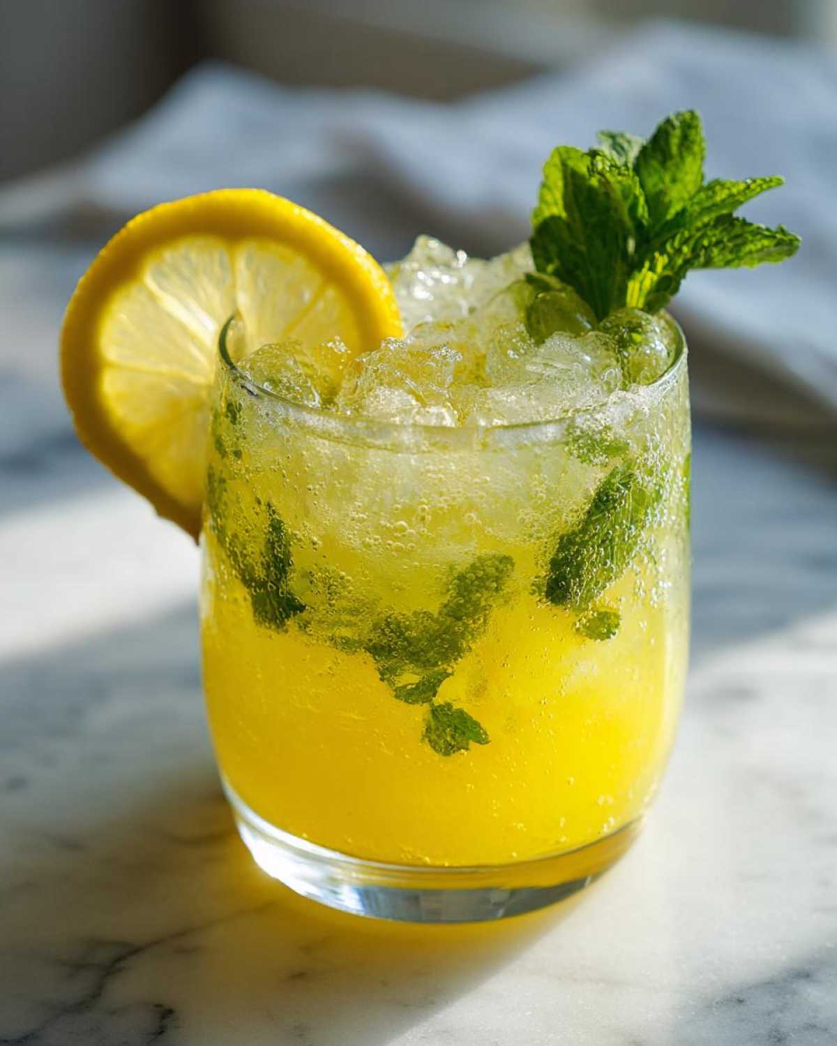 Close-up of a vibrant Sparkling Lemon Mint Mocktail filled with crushed ice, mint leaves, and garnished with a lemon slice.