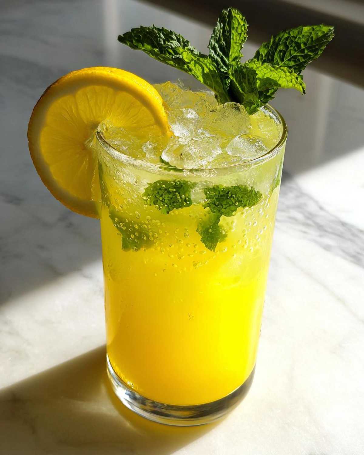A tall glass filled with a bright yellow Sparkling Lemon Mint Mocktail, garnished with a lemon slice and fresh mint sprigs.
