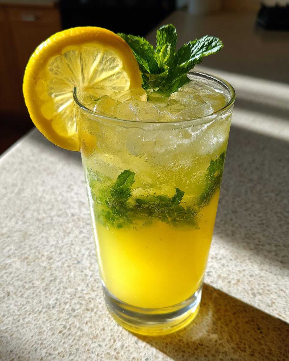 A tall glass filled with a bright yellow Sparkling Lemon Mint Mocktail, garnished with fresh mint sprigs and a lemon wheel.