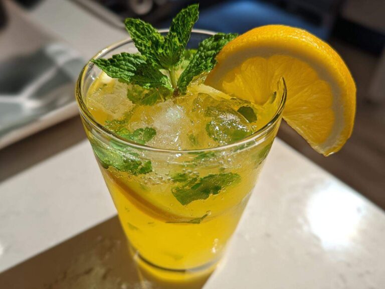 Amazing Sparkling Lemon Mint Mocktail 1 Secret Close-up of a tall glass filled with a yellow Sparkling Lemon Mint Mocktail, ice, mint leaves, and a lemon slice garnish.