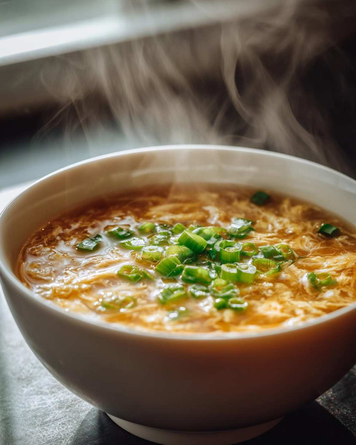 A close-up of a steaming hot bowl of silky egg drop soup topped generously with chopped green onions.