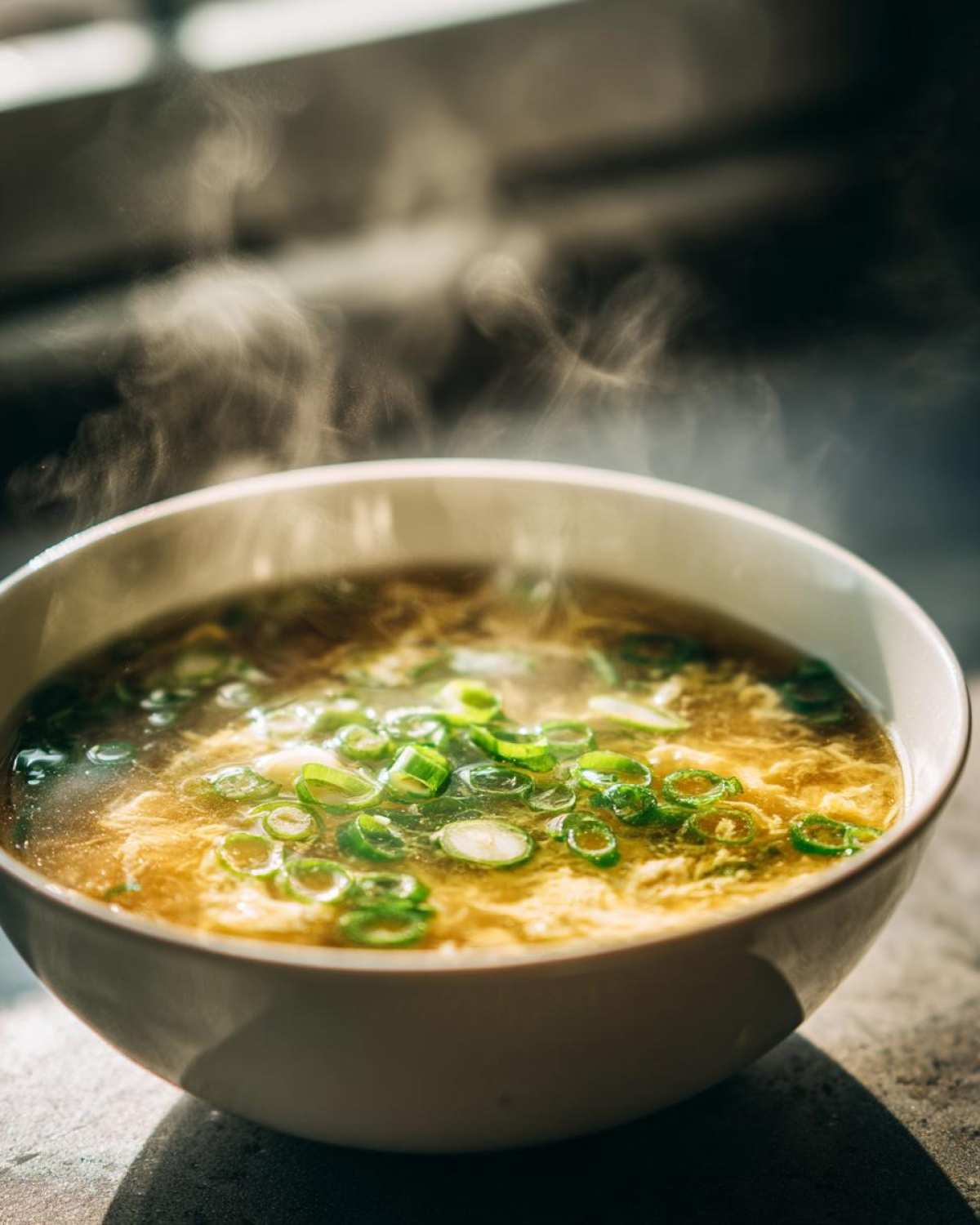 Close-up of a steaming bowl of silky egg drop soup topped generously with bright green sliced scallions.