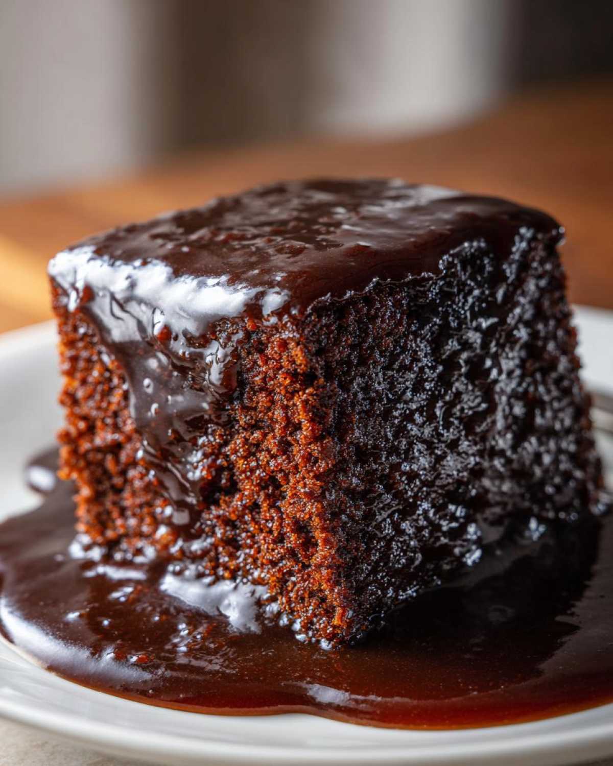 Close-up of a square slice of rich, dark sticky toffee pudding recipe covered in glossy toffee sauce.