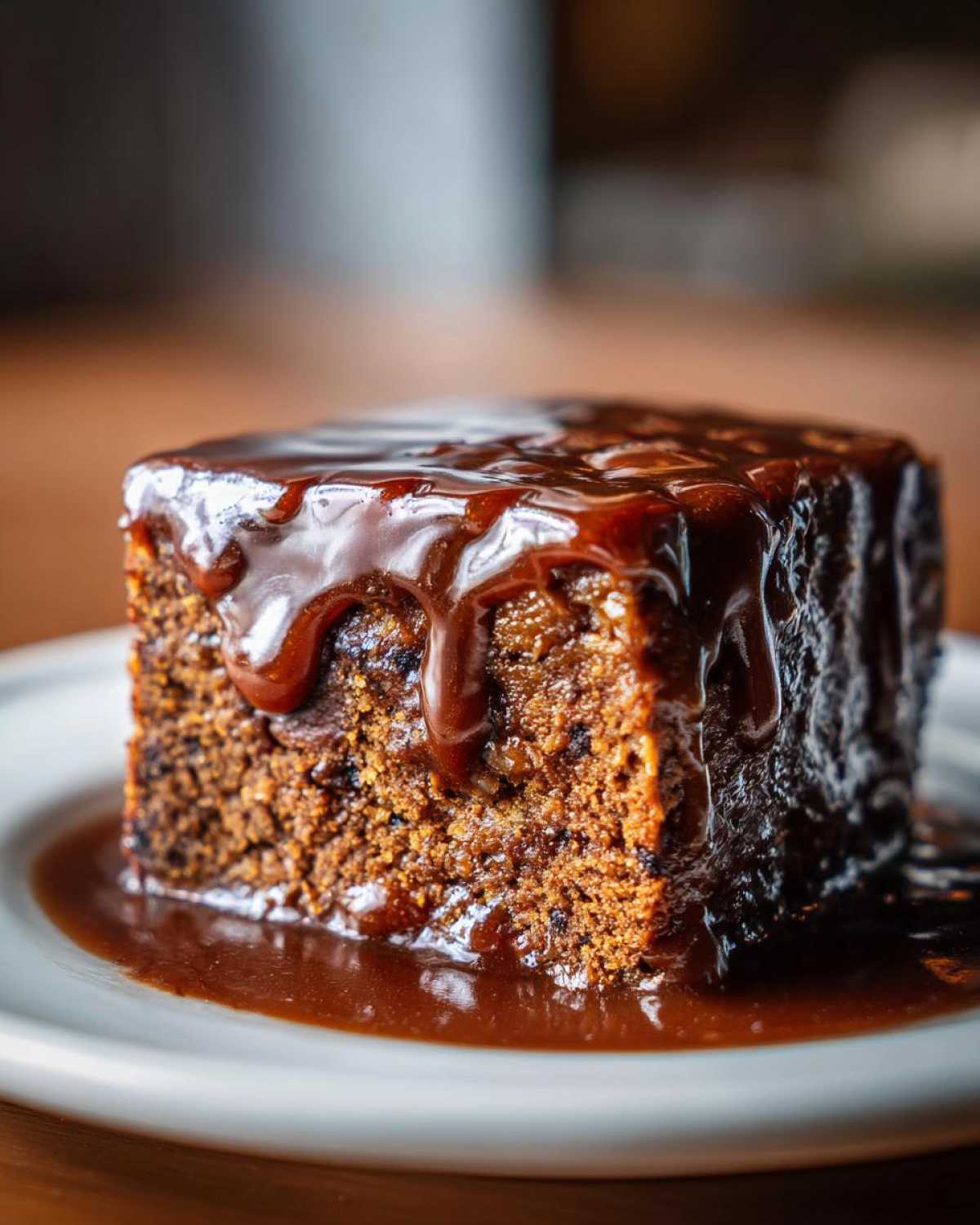 Close-up of a square slice of sticky toffee pudding generously covered in rich toffee sauce.