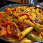 Close-up of a bowl of vibrant Rasta pasta featuring penne, colorful bell peppers, and seasoned protein in a rich, creamy orange sauce.