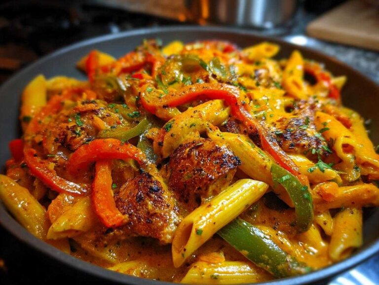 Close-up of a bowl of vibrant Rasta pasta featuring penne, colorful bell peppers, and seasoned protein in a rich, creamy orange sauce.