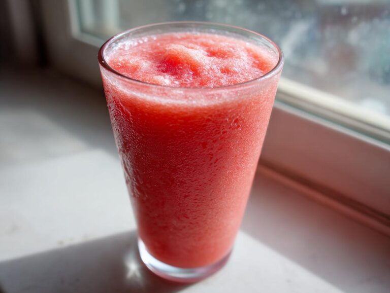 Amazing 5-Ingredient Watermelon Smoothie Secret A tall glass filled with a bright red, icy watermelon smoothie sitting on a sunlit windowsill.