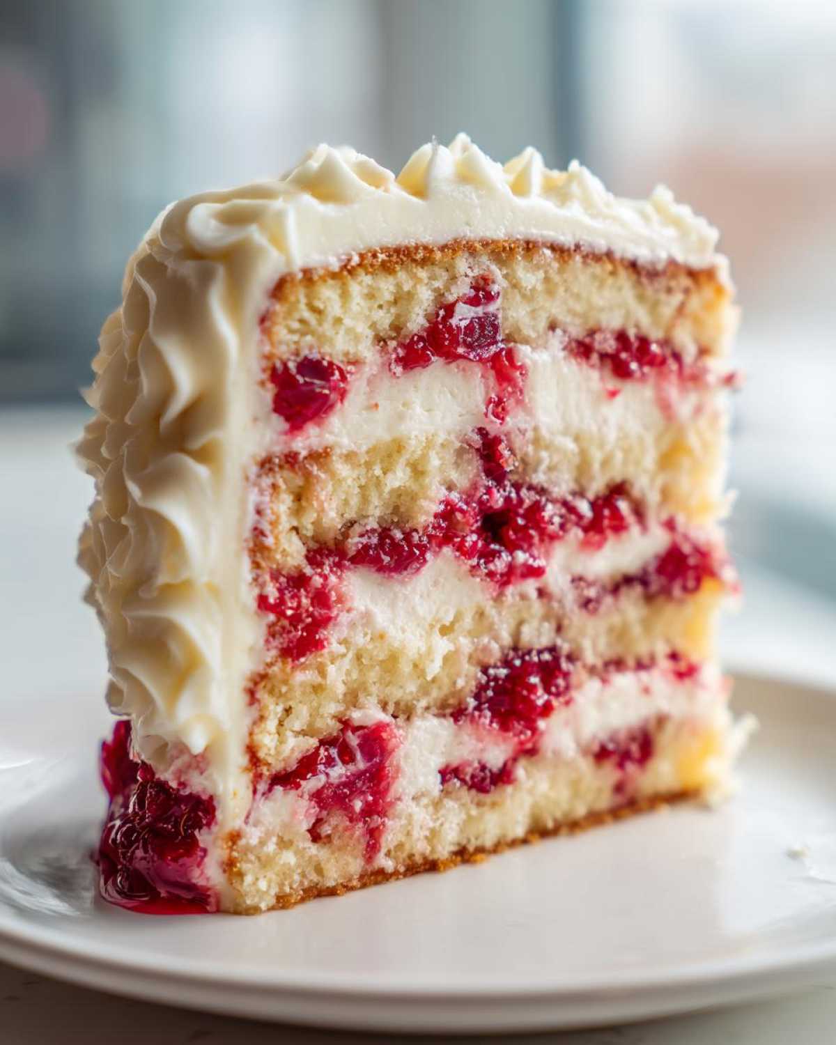 Close-up of a multi-layered slice of white chocolate raspberry cake showing cake, cream, and bright red raspberry filling.