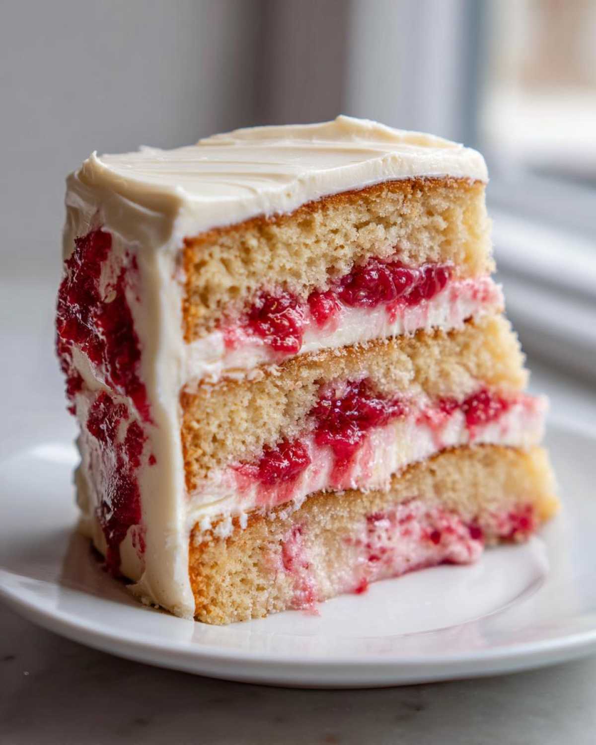 Close-up of a three-layer white chocolate raspberry cake slice showing bright red raspberry filling and white frosting.