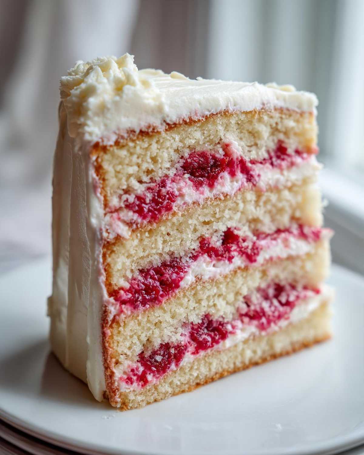A tall slice of white chocolate raspberry cake showing four layers of white cake, raspberry filling, and white chocolate frosting.