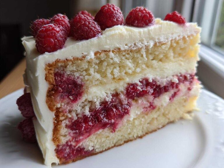 A close-up of a moist slice of white chocolate raspberry cake layered with white frosting and fresh raspberries.