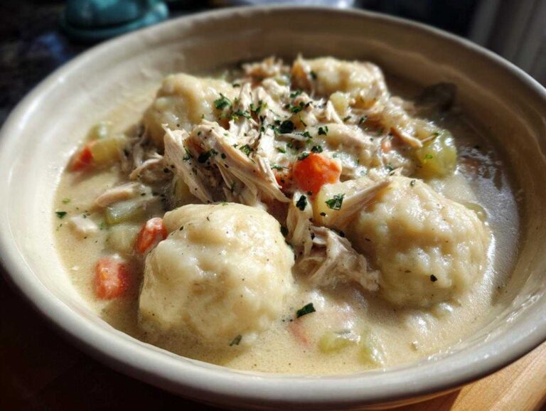 Close-up of a creamy bowl of chicken and dumpling stew, featuring fluffy dumplings, shredded chicken, and vegetables.