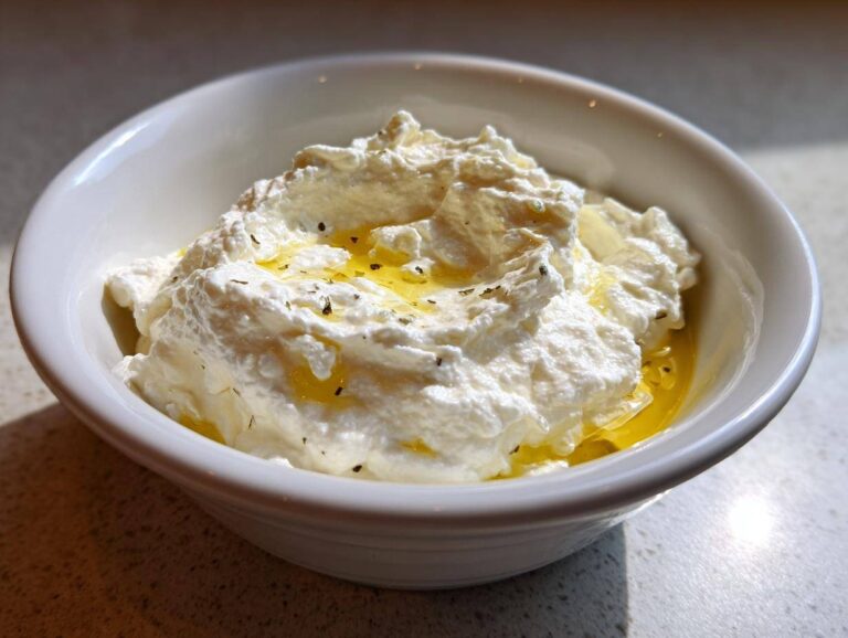 A close-up of creamy whipped feta dip topped with olive oil and herbs in a white bowl.